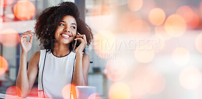 Buy stock photo Phone call, communication and business woman with bokeh in office for discussion on b2b deal, agreement or merge. Technology, smile and young African female hr on mobile conversation in workplace.