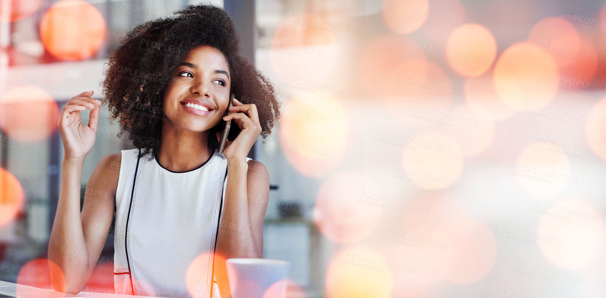 Buy stock photo Phone call, communication and business woman with bokeh in office for discussion on b2b deal, agreement or merge. Technology, smile and young African female hr on mobile conversation in workplace.