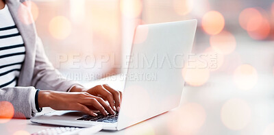 Buy stock photo Laptop, bokeh and business woman doing research with document working on accounting budget project. Technology, notebook and closeup of professional female accountant typing on computer in workplace.