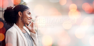 Buy stock photo Phone call, bokeh and business woman in the city for discussion on b2b deal, agreement or merge. Technology, smile and professional African female hr on mobile conversation with cellphone in town.