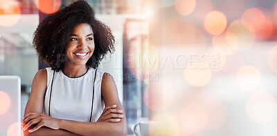 Buy stock photo Banner, thinking and woman with arms crossed, business and opportunity with planning, brainstorming and problem solving. Person, worker and consultant with overlay, startup and decision with choice