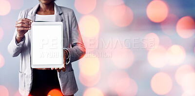 Buy stock photo Closeup, woman and business with mockup, tablet and promotion with banner, bokeh and connection. Person, employee or consultant with tech, overlay and digital app with internet and email notification