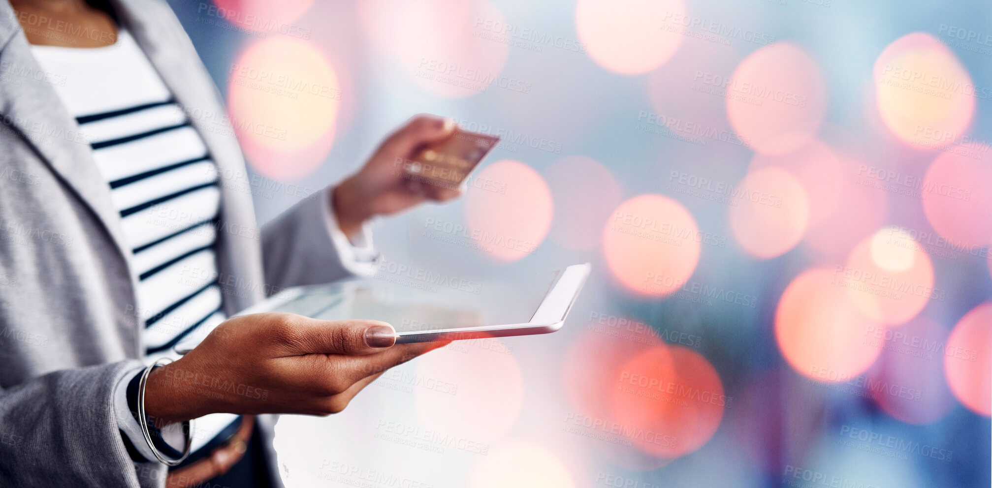 Buy stock photo Woman, hands and tablet with credit card for payment, online banking or ecommerce on bokeh background. Closeup of female person with debit, technology and bank app for transaction, purchase or buying