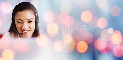 Buy stock photo Happy woman, call center and headphones on bokeh background in customer service or telemarketing at office. Female person, consultant or agent smile in online advice, contact us or virtual assistance