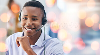 Buy stock photo Customer service, portrait and man in office with bokeh for crm telemarketing consultation. Mockup space, contact us and professional young African male call center agent with headset in workplace.