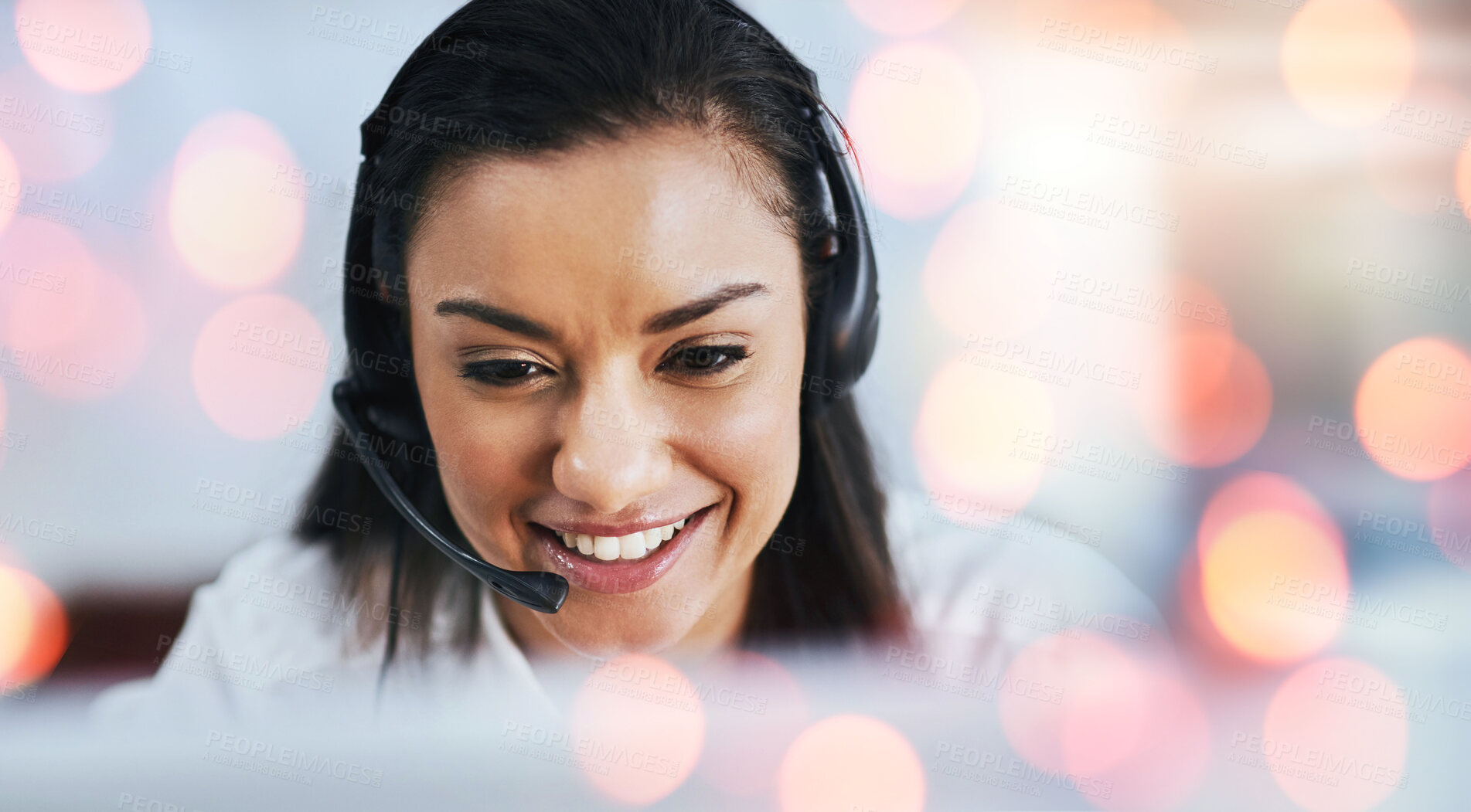 Buy stock photo Customer service, woman and headset with smile or communication, bokeh and overlay in mockup. Happy agent, contact us and call centre or faq, support and telemarketing or crm, consulting at help desk