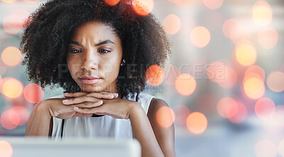 Buy stock photo Employee, thinking and woman with a laptop, business and typing with network, brainstorming and internet. Person, worker or consultant with bokeh, pc and connection with website information and ideas