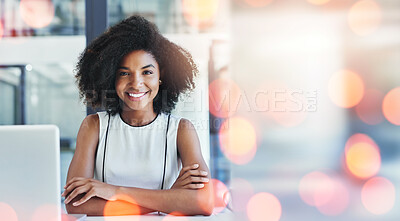 Buy stock photo Business woman, portrait and arms crossed for office planning, Human Resources management and career mindset. Happy professional worker, african person or HR employee with bokeh and mockup or space