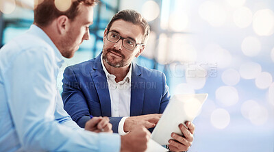 Buy stock photo Cooperation, business people and manager with employee, tablet and accountant with investment, internet and teamwork. Banner, ideas or men with technology, trading and stock market with brainstorming