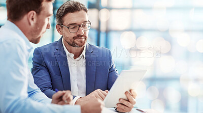 Buy stock photo Investment, business people and manager with employee, tablet and accountant with internet, cooperation and planning. Staff, men with technology, trading and stock market with teamwork and connection