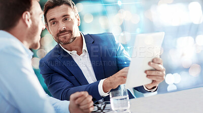 Buy stock photo Bokeh, business people and manager with employee, tablet and accountant with investment, email and budget. Cooperation, men with technology, trading and stock market with brainstorming and teamwork