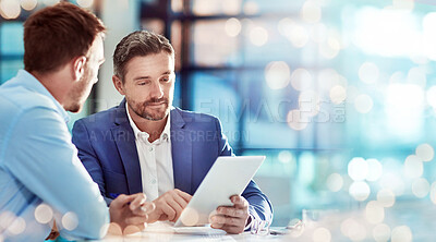 Buy stock photo Investment, business people and manager with worker, tablet and connection with internet, trading and planning. Staff, employees and men with tech, budget or stock market with brainstorming and email