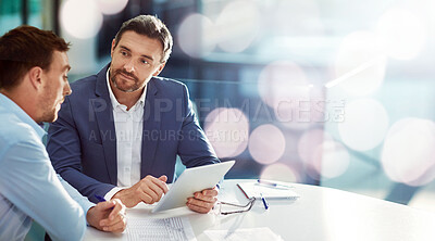 Buy stock photo Business, men and feedback with tablet, typing and connection with internet, brainstorming or planning. People, employee or manager with technology, cooperation or email notification with network
