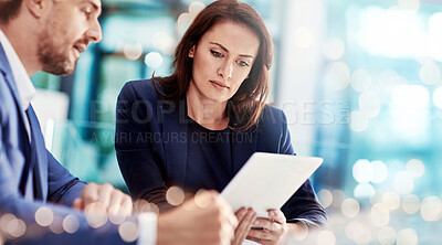 Buy stock photo Business people, man and woman with tablet, typing and brainstorming with internet, website information or collaboration. People, employee or consultant with tech, teamwork and cooperation with ideas