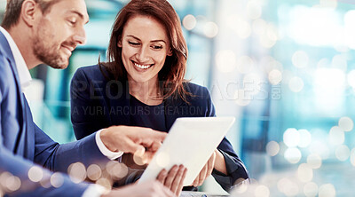 Buy stock photo Teamwork, business people and manager with employee, tablet and accountant with investment, search internet and banner. Staff, man or woman with technology, trading or stock market with brainstorming