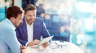 Buy stock photo Banner, business people and manager with consultant, tablet or accountant with budget planning, internet or finance. Staff, cooperation or men with technology, trading or stock market with investment