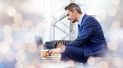Buy stock photo Businessman, laptop and typing email, networking and planning for corporate, research and coffee in office with bokeh. Professional, employee and person with pc for technology or communication at job