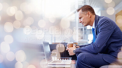 Buy stock photo Businessman, laptop and reading email with coffee for networking, planning or research in office with bokeh. Professional, employee and person with pc for technology, communication or internet at job