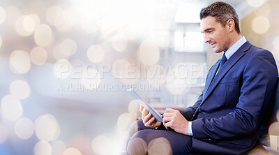 Buy stock photo Business, man and banner with tablet, thinking and connection with investment, website information or economy. Person, employee or consultant with technology, search internet or investment with email