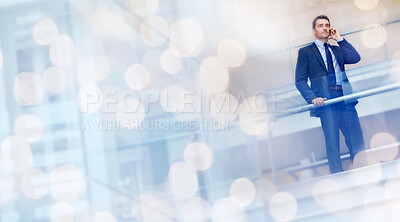 Buy stock photo Bokeh, phone call and business man talking in office, communication and mobile conversation. Smartphone, chat and serious lawyer listening to discussion, news and information in lobby of workplace