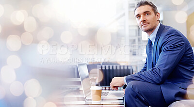 Buy stock photo Business, thinking and man with a laptop, banner and ideas with connection, brainstorming and planning. Person, employee and accountant with internet, pc or email with network and website information