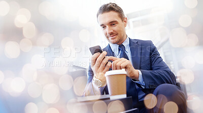 Buy stock photo Businessman, phone and typing email, networking and conversation for corporate, research and coffee in office with bokeh. Professional, employee and person with smartphone for web or communication