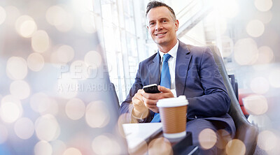Buy stock photo Portrait, phone, laptop and a businessman on double exposure in the office for work as a professional. Corporate, space and smile with a happy mature employee working on a report at his computer