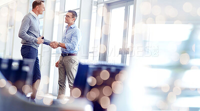 Buy stock photo Business people, handshake and partnership, welcome or negotiation success of deal, agreement or job onboarding. Professional clients shaking hands for meeting introduction in bokeh office or mockup