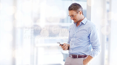 Buy stock photo Consultant, man and banner with a cellphone, typing and connection with internet, social media or planning. Person, employee or worker with smartphone, business or email notification with internet