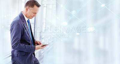 Buy stock photo Business, man and banner with tablet, internet or connection with network, website information or investment. Person, employee or consultant with technology, mockup or email notification with finance