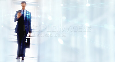 Buy stock photo Space, double exposure and a business walking in his office while typing a text message on his phone. Mockup, overlay and a professional employee in a suit at a corporate workplace for communication