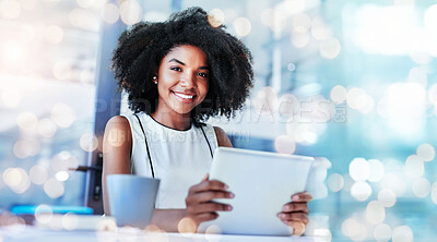 Buy stock photo Portrait, banner and woman with a tablet, employee and connection with research, bokeh and website information. Happy person, worker or consultant with technology, entrepreneur and email notification