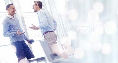 Buy stock photo Business men, discussion or meeting with banner, bokeh and mockup, corporate communication and chat. Conversation, advice and friends in the workplace with employees talking in professional space