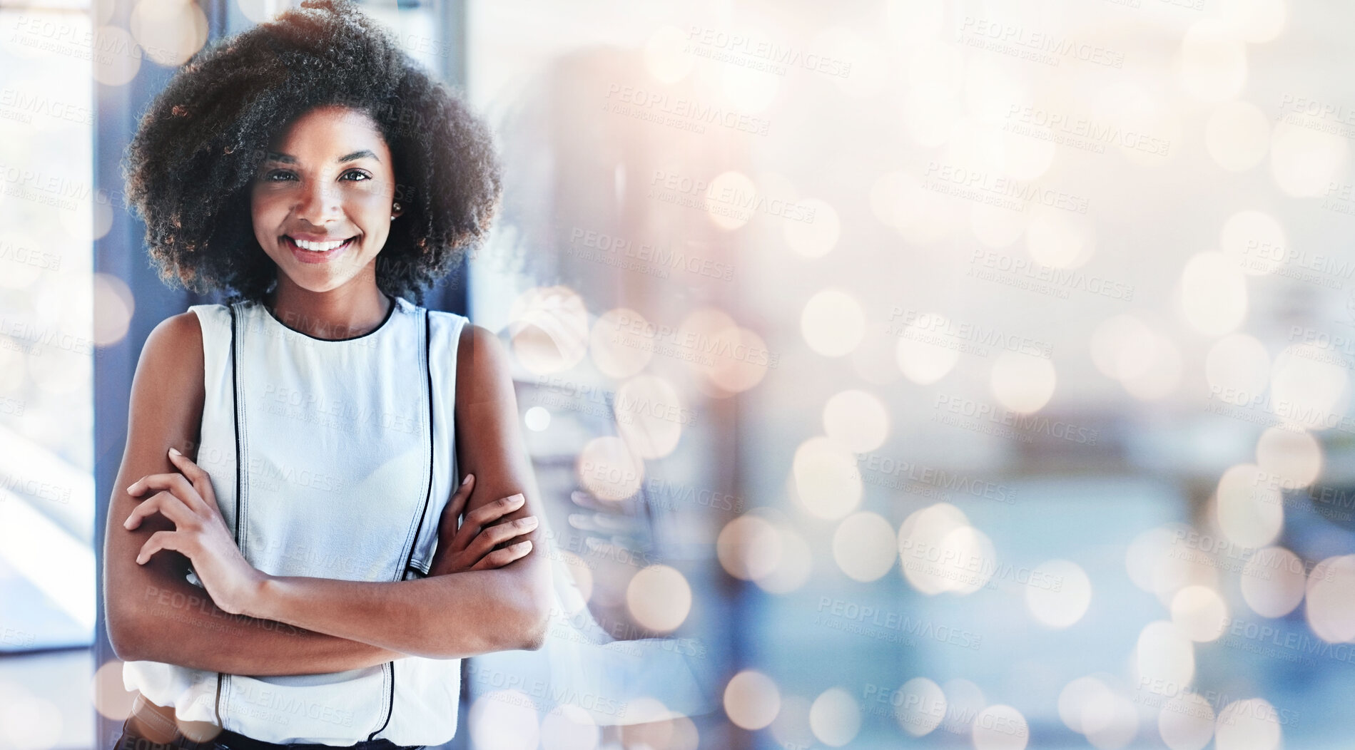 Buy stock photo Black woman, arms crossed and office portrait with a smile from business consultant work with mockup space. Confidence, entrepreneur and professional from New York happy from startup by window bokeh