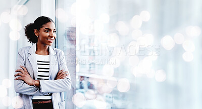 Buy stock photo Black woman, arms crossed and thinking with a smile from business consultant work with mockup space. Ideas, female entrepreneur and professional from New York happy from startup by window bokeh