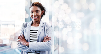 Buy stock photo Mockup, office and portrait of business black woman for professional mindset, ambition and banner. Overlay, corporate worker and face of person for career opportunity, job or work for startup company