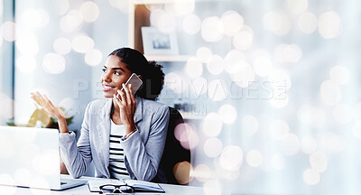 Buy stock photo Bokeh, phone call and black woman in business office, communication and mobile conversation. Smartphone, chat and happy consultant listening to discussion, news and negotiation at table in company