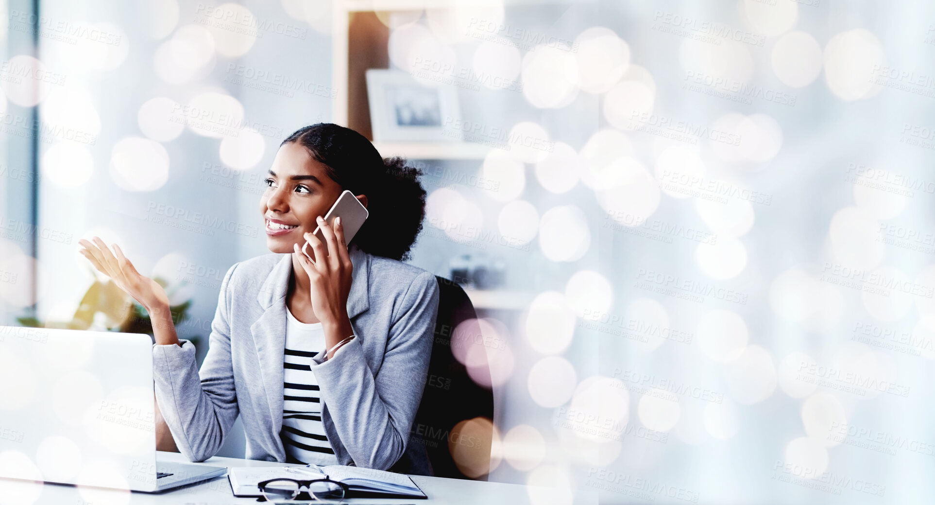 Buy stock photo Bokeh, phone call and black woman in business office, communication and mobile conversation. Smartphone, chat and happy consultant listening to discussion, news and negotiation at table in company