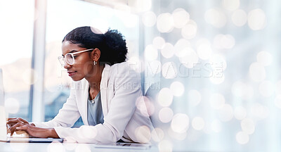 Buy stock photo Business, thinking and woman with a laptop, ideas and typing with network, brainstorming and internet with banner. Person, worker and employee with bokeh, pc and connection with email and opportunity