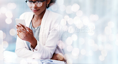 Buy stock photo Bokeh, mockup and woman in office with phone, scroll and online research for startup business info. Thinking, ideas and businesswoman at desk with smartphone, website and app at digital agency space.