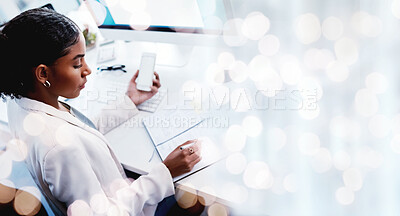 Buy stock photo Bokeh, mockup and woman in office with notes, phone and online research for startup business info. Thinking, ideas and businesswoman at desk with notebook, schedule and agenda at digital agency space