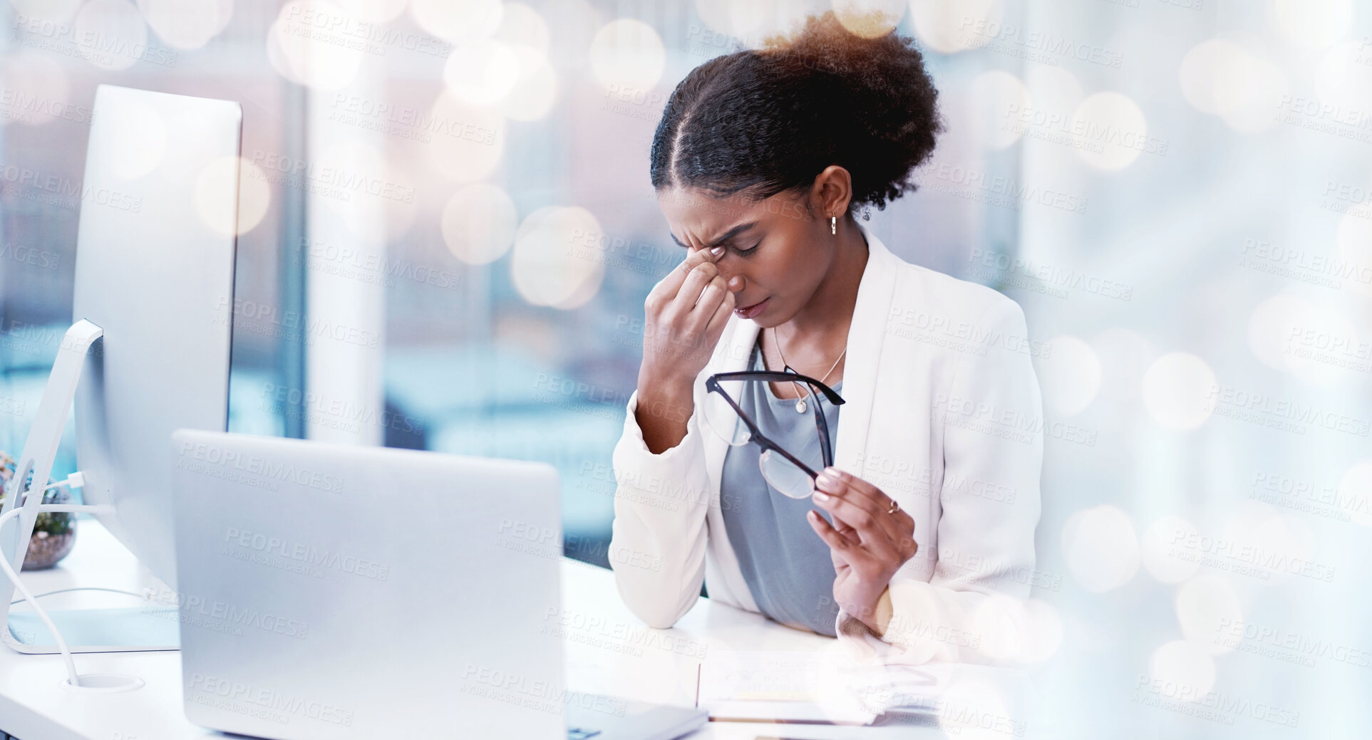 Buy stock photo Frustrated business woman, laptop and headache in mistake, stress or anxiety on bokeh background at office. Female person or employee with pain, strain or overworked pressure in burnout at workplace