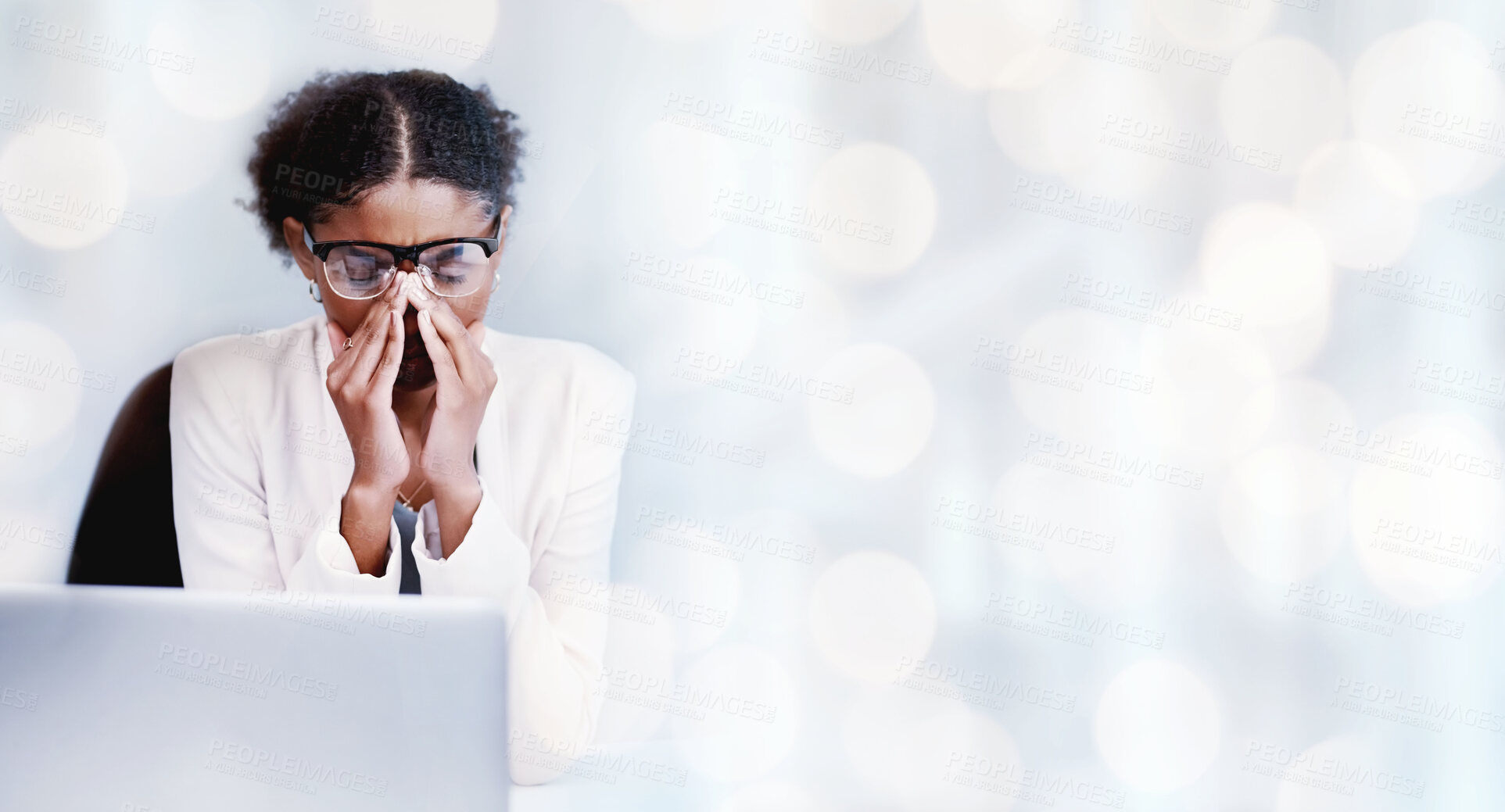 Buy stock photo Business woman, vision fail or headache with burnout, laptop for research with banner and mockup space. Bokeh, African consultant with migraine and stress at workplace, pain or sick with health issue