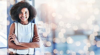 Buy stock photo Black woman, arms crossed and lawyer portrait with smile from law consultant work with mockup space. Confidence, female entrepreneur and professional from New York happy from startup by window bokeh