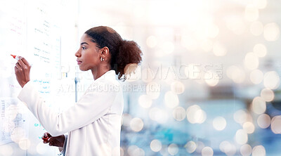 Buy stock photo Doctor, woman and writing on whiteboard, healthcare banner with bokeh and brainstorming ideas for surgery. Innovation, surgeon and hospital schedule with notes on board, planning with mockup space