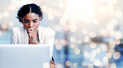 Buy stock photo Woman, anxiety and laptop in office with thinking, worry and stress at work for legal compliance. Black lawyer, reading and learning of company policy, corporate governance and reporting in bokeh 