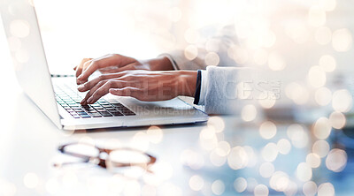 Buy stock photo Laptop, hands and business woman typing in an office with bokeh doing research for accounting budget. Technology, email and closeup of professional female accountant working on computer in workplace.