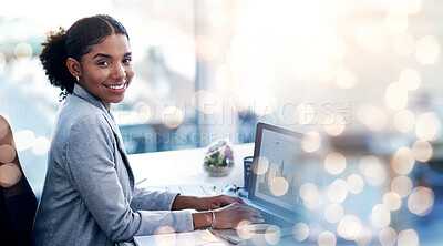 Buy stock photo Mockup, laptop and portrait of business black woman online for research, website and internet. Overlay banner, corporate worker and person for career opportunity, job or work for startup company