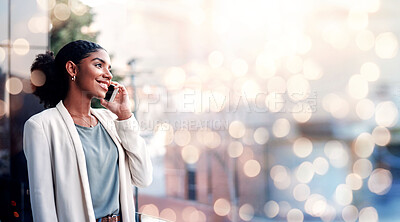 Buy stock photo Bokeh, business phone call and black woman in city, communication and mobile conversation. Smartphone, chat and happy consultant listening to discussion, networking and thinking in urban town outdoor