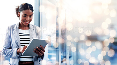 Buy stock photo Bokeh, mockup and woman in office with tablet, ideas and online research for startup business info. Thinking, website and businesswoman on digital app for schedule, agenda and space at digital agency